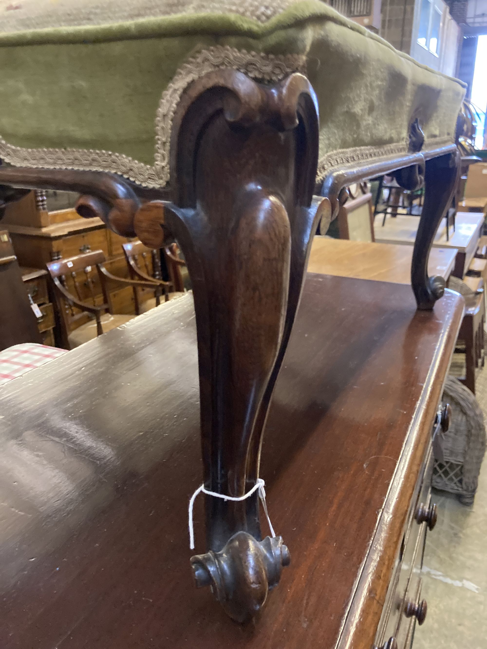 A Victorian rosewood stool, height 41cm, width 86cm, depth 50cm